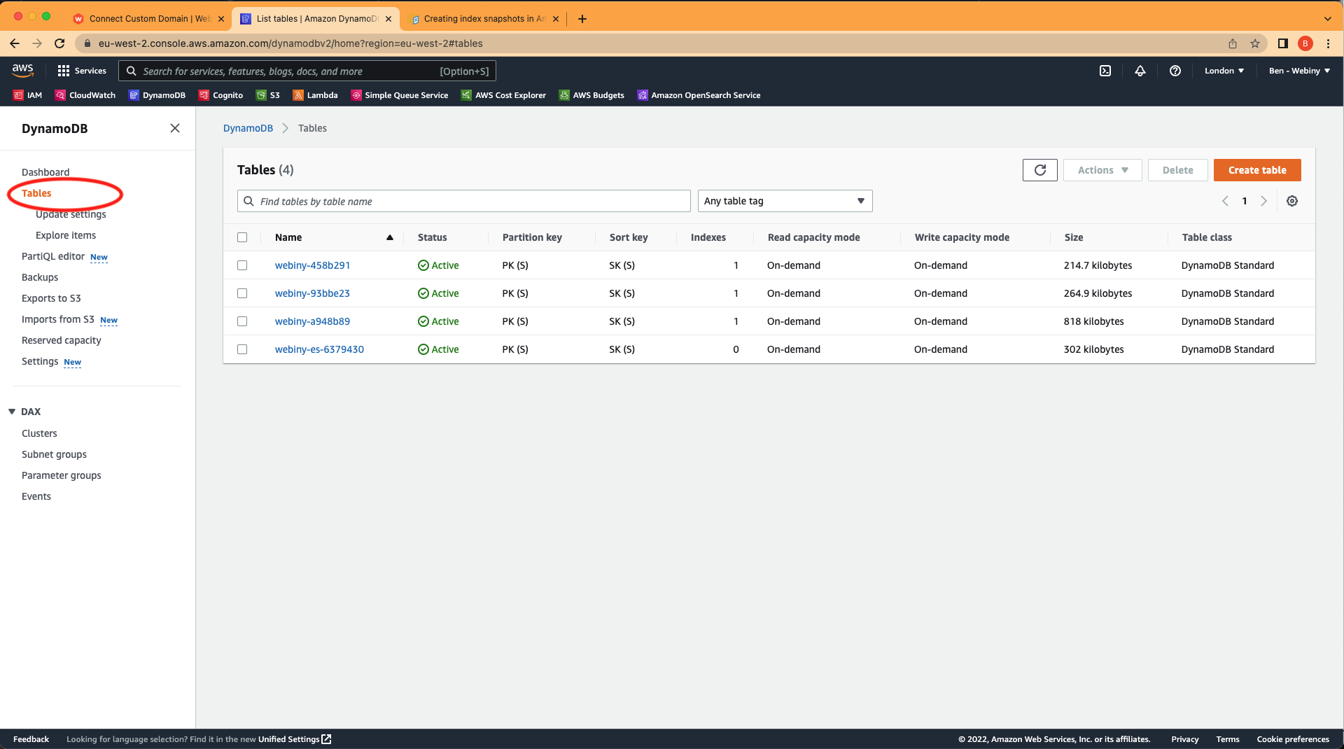 DynamoDB tables in the AWS account area